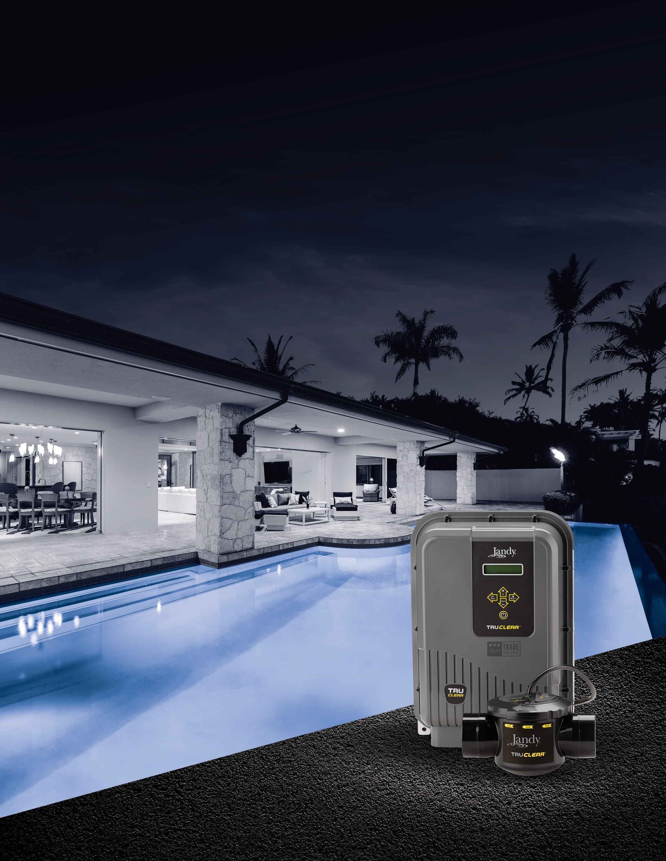 Salt water pool with a Jandy TruClear salt chlorinator installed poolside